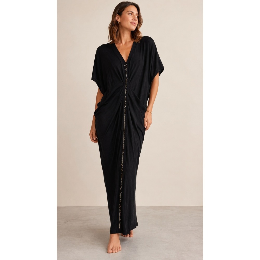 Lingua Franca NWT Jane Dress Coal Black Silk Cotton Knit Embroidered Maxi- XL